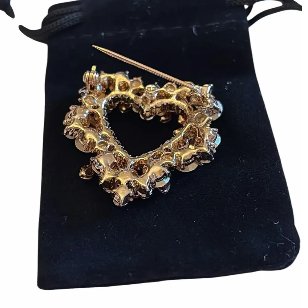Matte Gold Tone Red Rhinestone Heart Brooch